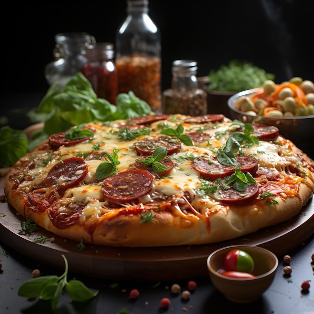 Pizza italiana casera fresca Margherita con mozzarella de búfalo y albahaca