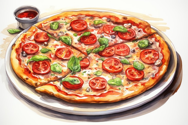 Foto pizza italiana com fatias de tomate e folhas de manjericão ilustração em aquarela desenhada à mão