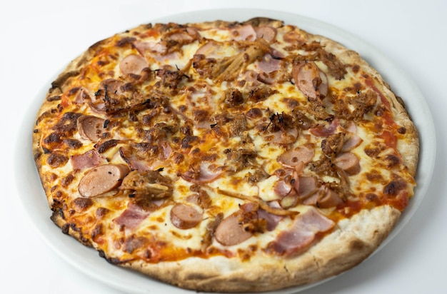 Pizza italiana com mussarela e carne de porco desfiada