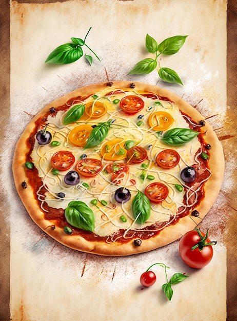 Pizza italiana com tomate mussarela manjericão azeitonas pizza aquarela cozinha mediterrânea