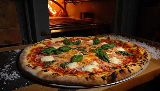 Pizza italiana é cozida em forno a lenha Fogo ao fundo IA generativa