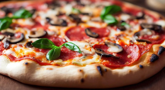 Pizza italiana de horno de leña con tomate y queso sobre mesa de madera