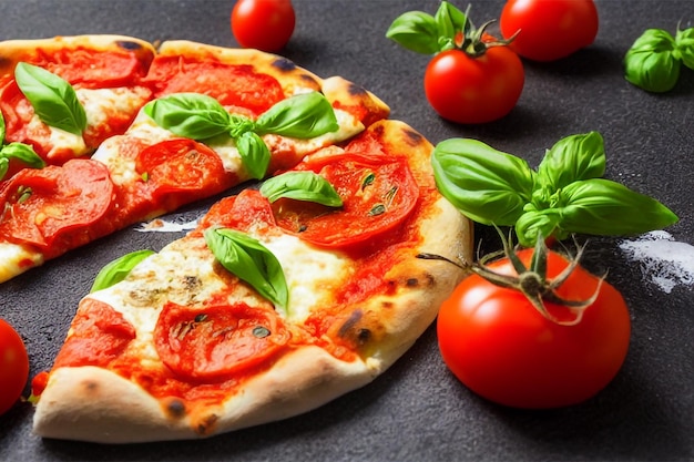 Pizza italiana Margherita com molho de tomate Mozzarella queijo manjericão em um fundo escuro de concreto.