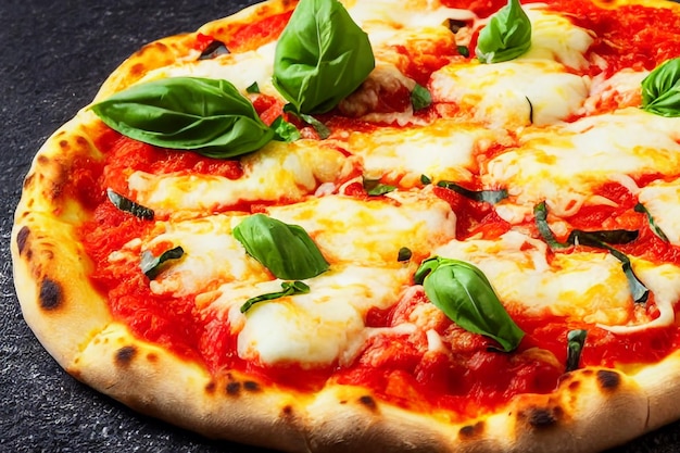 Pizza italiana Margherita com molho de tomate Mozzarella queijo manjericão em um fundo escuro de concreto.