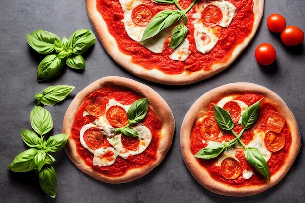 Pizza italiana Margherita com molho de tomate Mozzarella queijo manjericão em um fundo escuro de concreto.