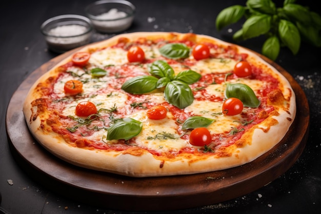 Pizza italiana Margherita con salsa de tomate con queso y albahaca en el tablero de madera en la mesa negra