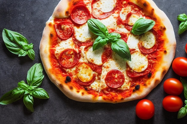 Pizza italiana Margherita con salsa de tomate Queso mozzarella albahaca sobre un fondo de hormigón oscuro.