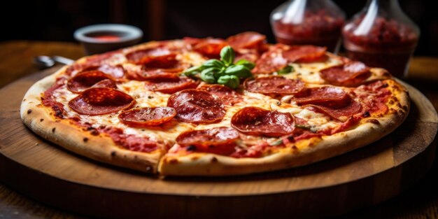 Una pizza italiana recién hecha con salami, queso de cebolla y hierbas es una deliciosa golosina