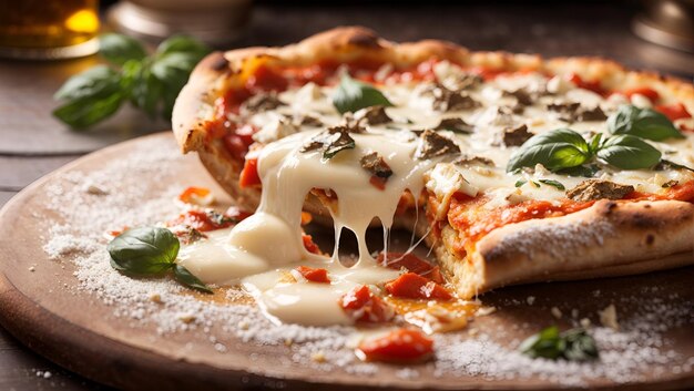 Foto una pizza italiana recién horneada y caliente con una capa gruesa de queso mozzarella derretido