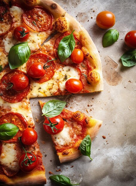 Pizza italiana saborosa com tomates mozzarella manjericão azeitonas cozinha mediterrânea