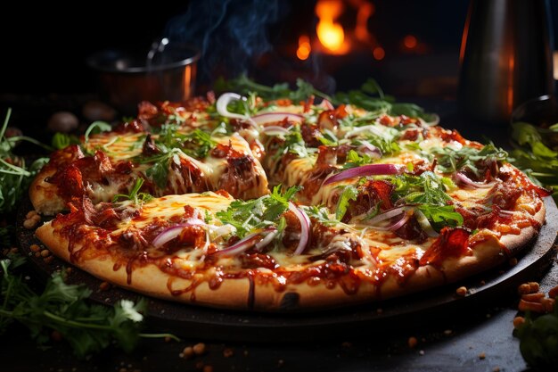 Foto pizza italiana tradicional caliente y sabrosa con carne y verduras con humo y fuego