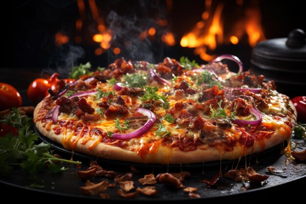 Foto pizza italiana tradicional caliente y sabrosa con carne y verduras con humo y fuego