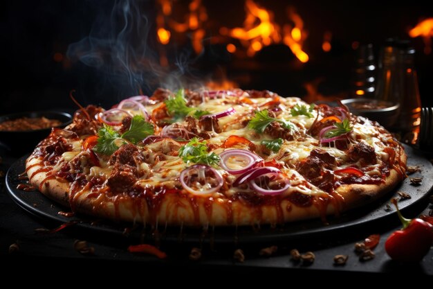 Foto pizza italiana tradicional caliente y sabrosa con carne y verduras con humo y fuego