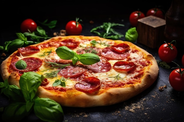 Foto pizza italiana tradicional com queijo salame, tomate e verduras sobre fundo escuro, servida quente