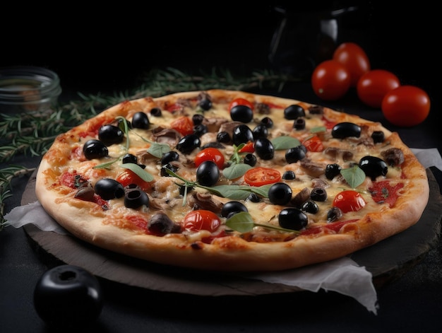 Pizza italiana tradicional en mesa oscura IA generativa