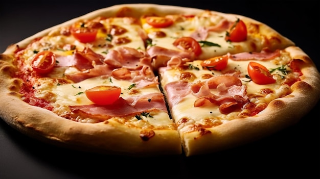 Pizza italiana tradicional con tomate, jamón, queso, mozzarella, concepto de cocina de restaurante AI generado