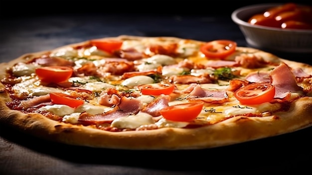 Pizza italiana tradicional con tomate, jamón, queso, mozzarella, concepto de cocina de restaurante AI generado