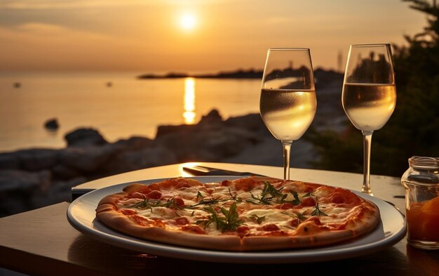 Pizza italiana con vasos de bebida IA generativa