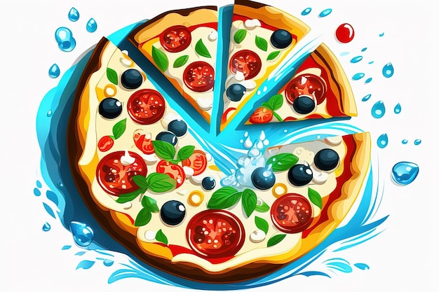 pizza con jugo de tomate, albahaca fresca, aceitunas y tomates cherry sobre un fondo blanco, ilustración vectorial