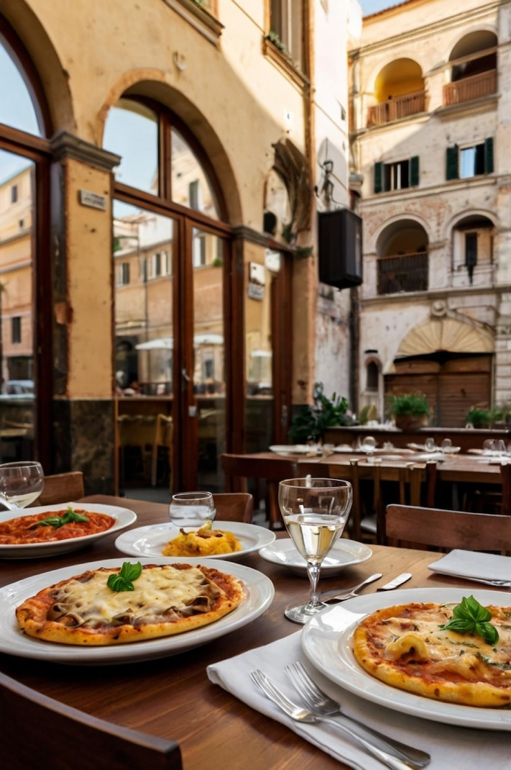 Foto pizza, käse, lasagne, pasta mit pilzen und fleisch in einem restaurant vor der kulisse roms