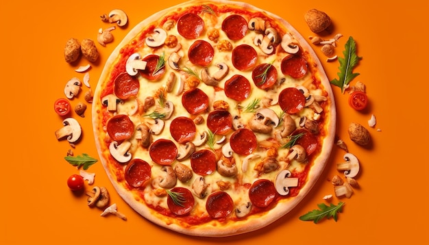 Pizza-Kinospiel auf orangefarbenem Hintergrund