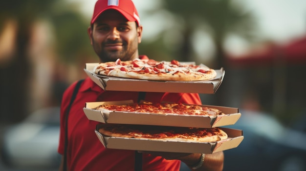 Foto pizza-lieferungsperson, die einen stapel pizza-kisten trägt