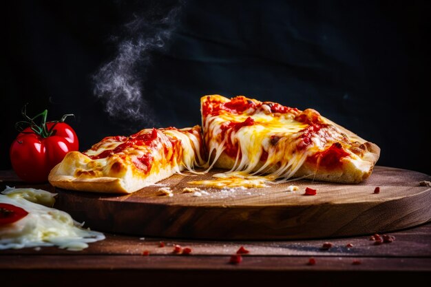 Pizza liegt auf einem Holzschneidebrett neben einem Stück Pizza. Generative KI