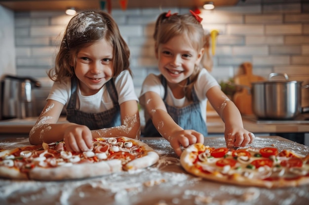 Pizza machen mit glücklichen Kindern Spaß Pizza zusammen kochen im modernen Heimkopierraum