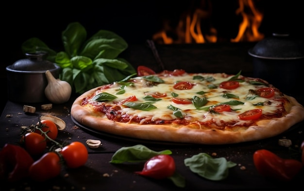 Pizza margarita clásica con verduras y queso hecha en un horno tradicional IA generativa