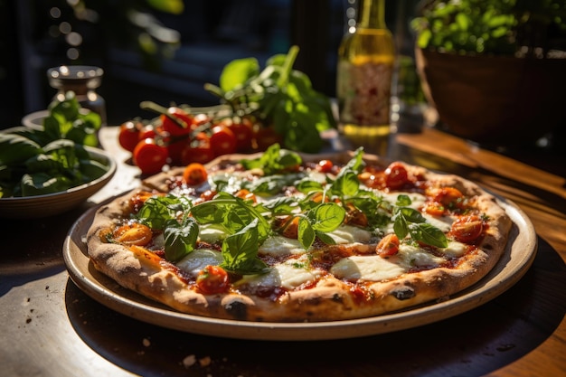 Foto una pizza de margarita fresca con albahaca y tomate servida en un patio generativo soleado