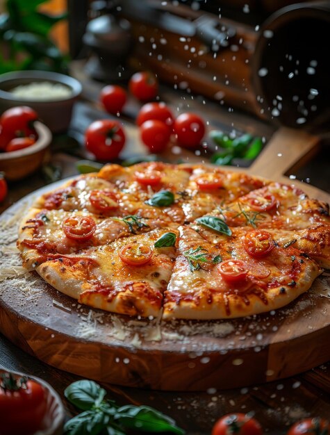 Pizza margarita recién horneada con tomates, queso y albahaca en una tabla de madera