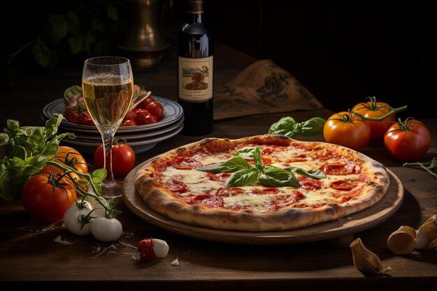 Pizza Margherita autêntica em mesa de forno de pedra com vinhas da Toscana à distância