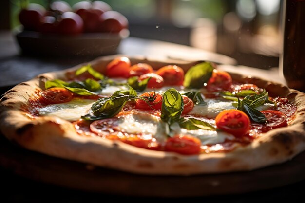 una pizza Margherita fresca en una mesa rústica con un viñedo en la luz dorada del atardecer