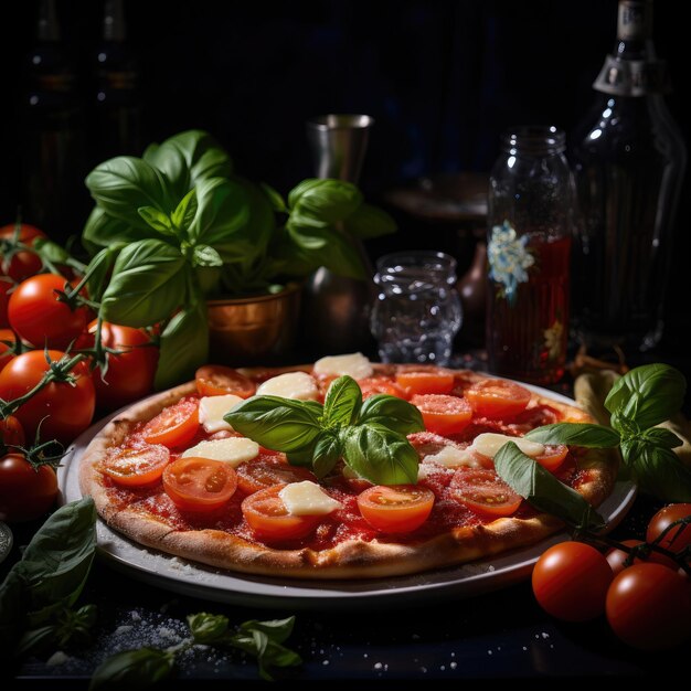 Foto pizza margherita pizza clássica com mozzarella de tomate e manjericão forno de tijolos