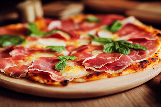 Pizza Margherita sobre masa horneada con finas lonchas de salchicha, queso y hierbas