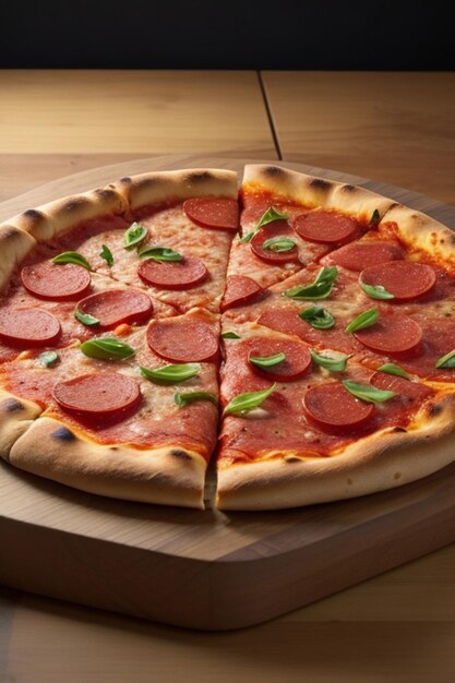 Foto una pizza en la masa de madera la pizza es pepperoni 8k aberración cromática hiper realista