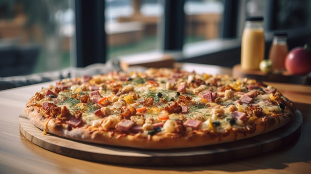 Una pizza en una mesa con una botella de cerveza al fondo.