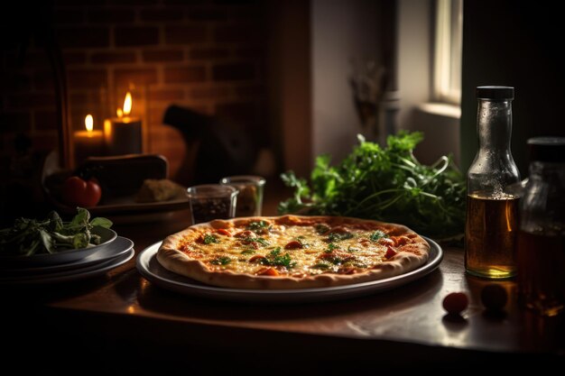 Una pizza en una mesa con una botella de vino al fondo.