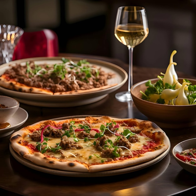 Pizza en una mesa con copas de vino y velas