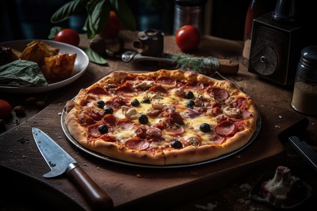 Una pizza en una mesa con un cuchillo y un tenedor al lado.