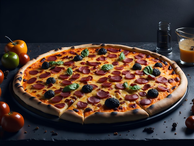 Pizza en la mesa con fondo negro