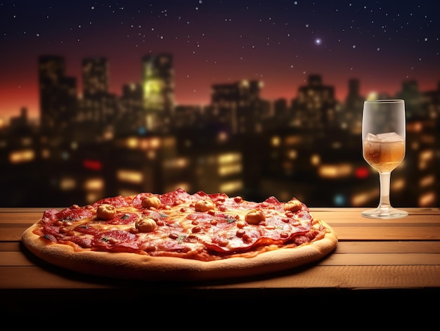 Pizza en la mesa fuegos artificiales en la ciudad año nuevo y oferta de fiesta generada por ai