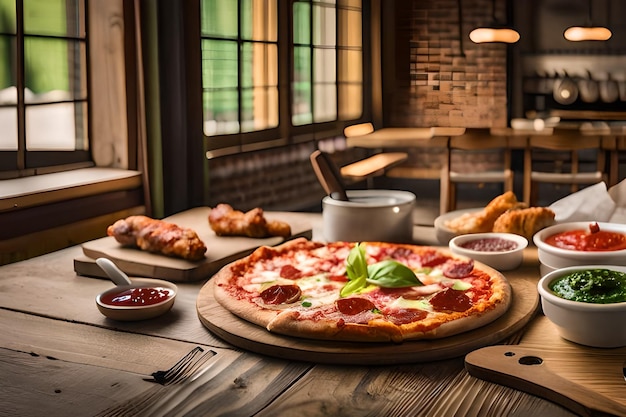 Una pizza en una mesa con un letrero que dice pizza