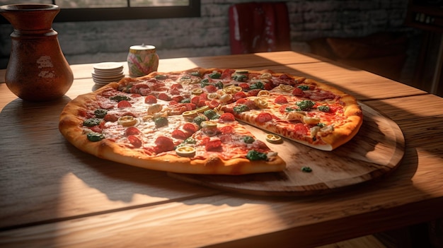 Una pizza en una mesa de madera con una lata de refresco al fondo