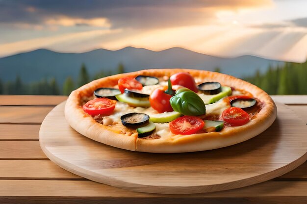 pizza en una mesa de madera con una puesta de sol en el fondo