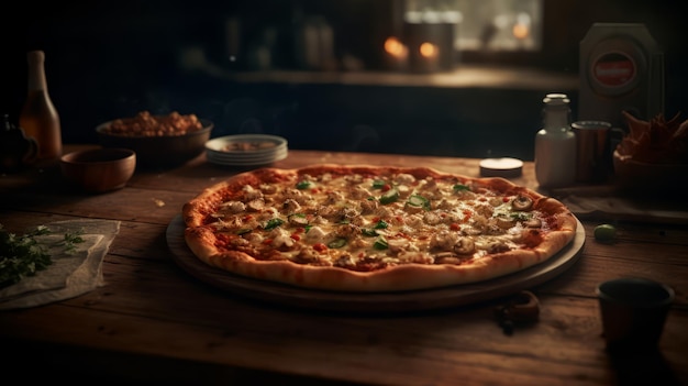 Una pizza en una mesa de madera