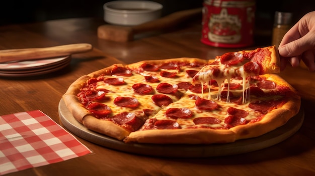 Una pizza en una mesa con un mantel a cuadros rojo