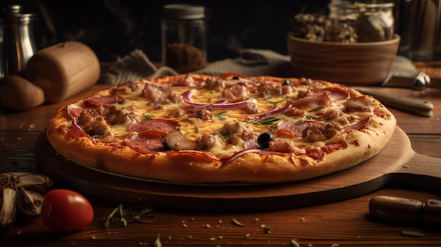 Pizza en una mesa con un plato de comida