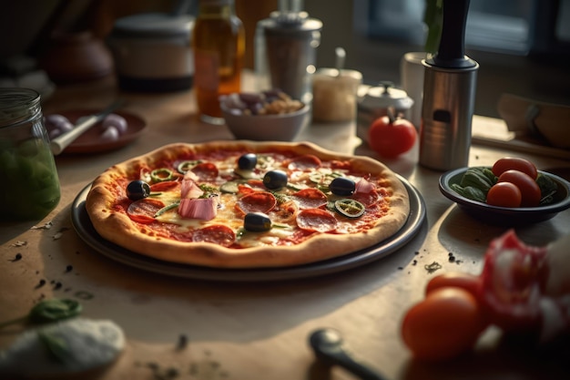 Una pizza en una mesa con un plato de tomates y aceitunas.