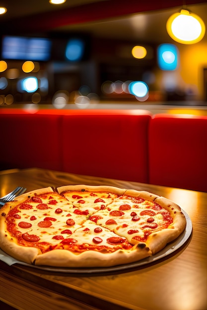 Una pizza en una mesa con un tenedor y una silla roja detrás